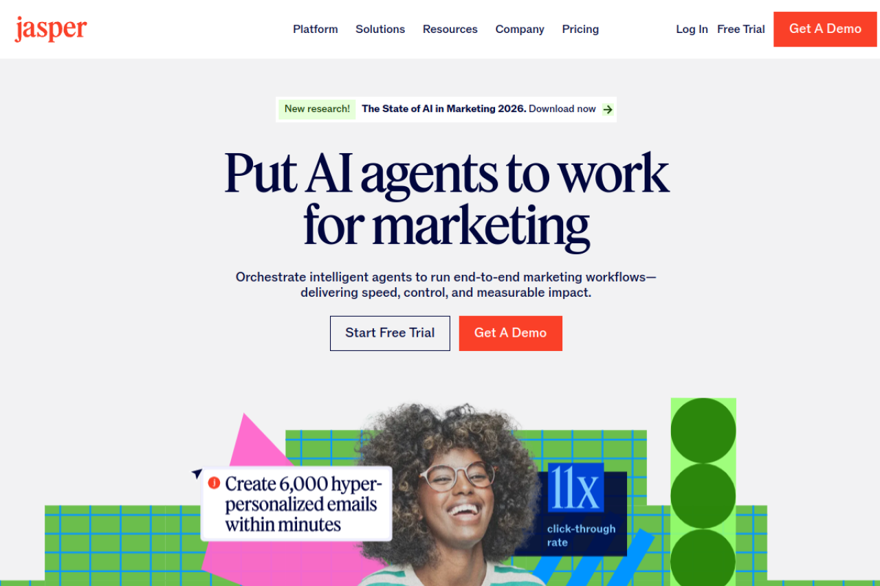 Jasper AI homepage — a marketing-focused AI content platform