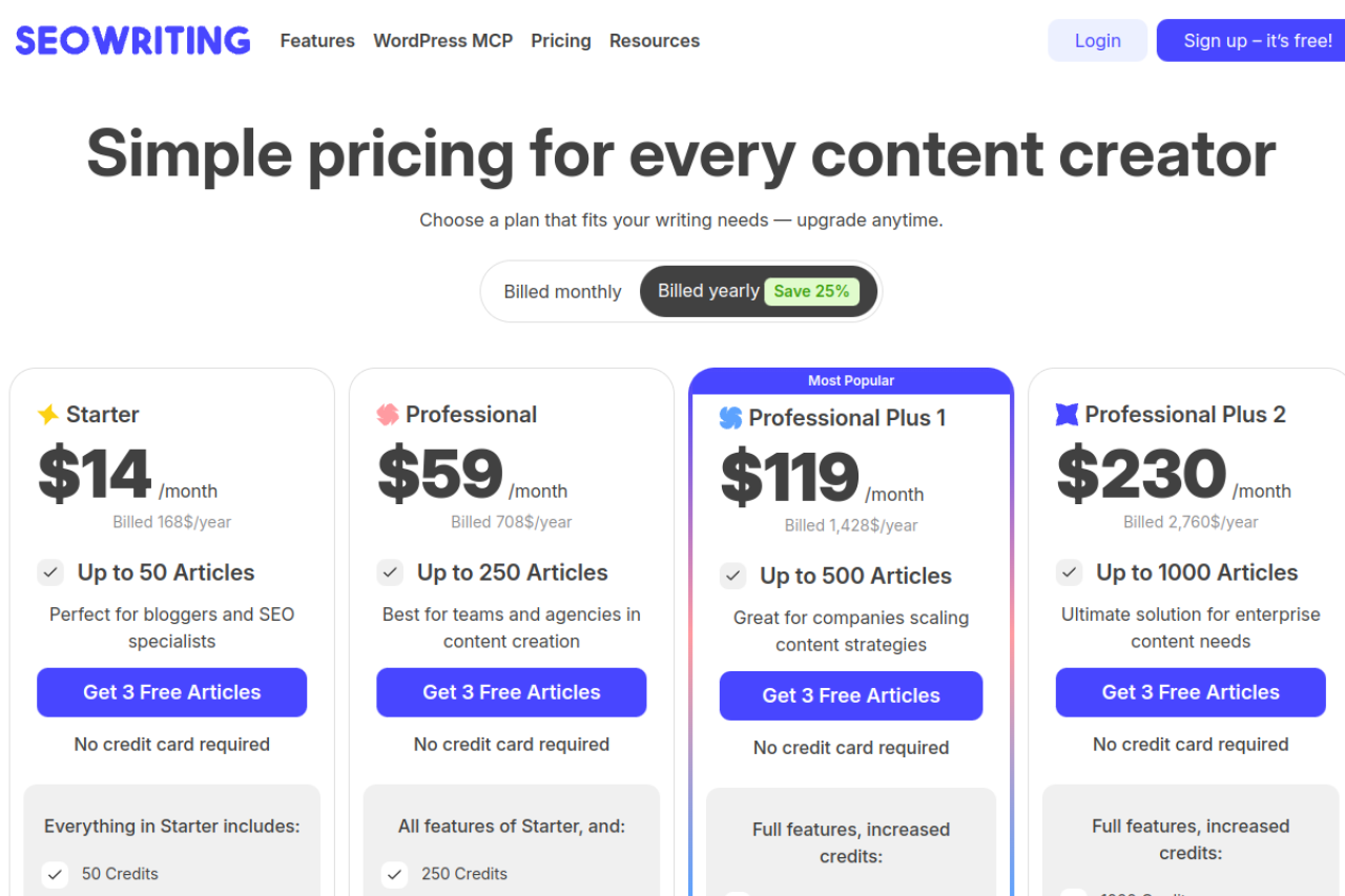 SEO Writing AI pricing page showing available plans