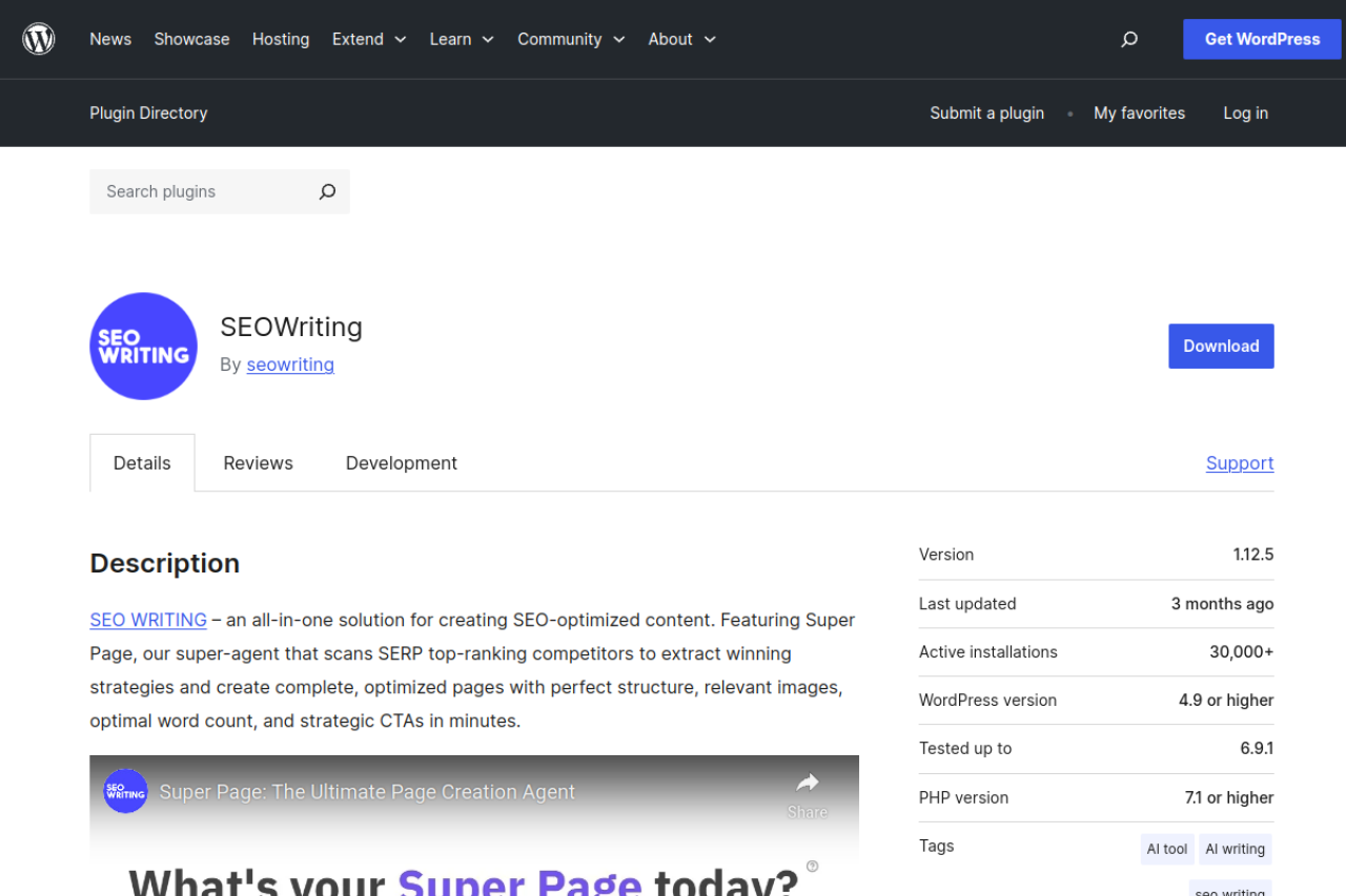 The SEOWriting WordPress plugin on the official plugin directory