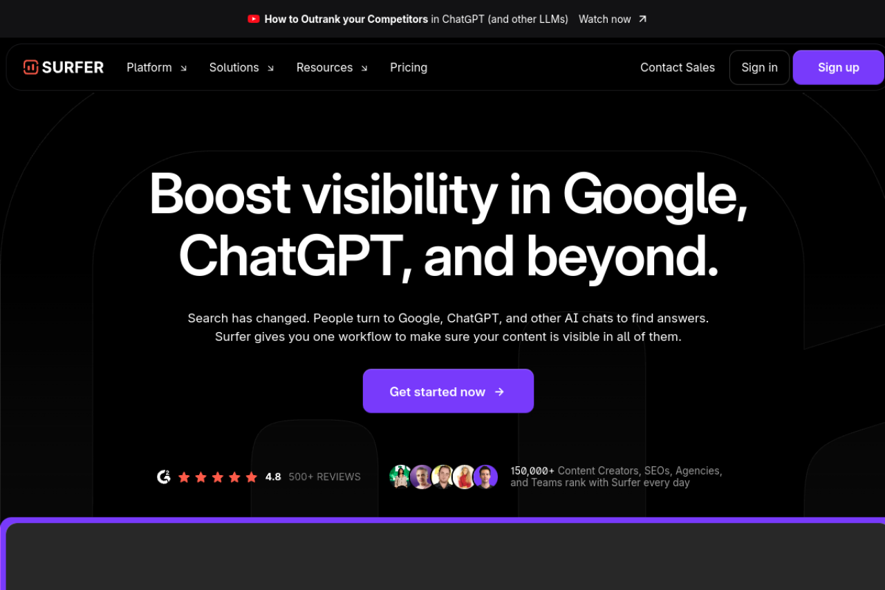 Surfer SEO homepage — content optimization platform for SEO professionals